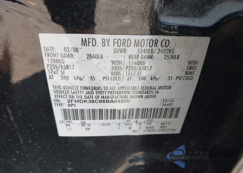 2008 Ford Edge Sel из США, поврежденный, VIN 2FMDK38C88BA69200